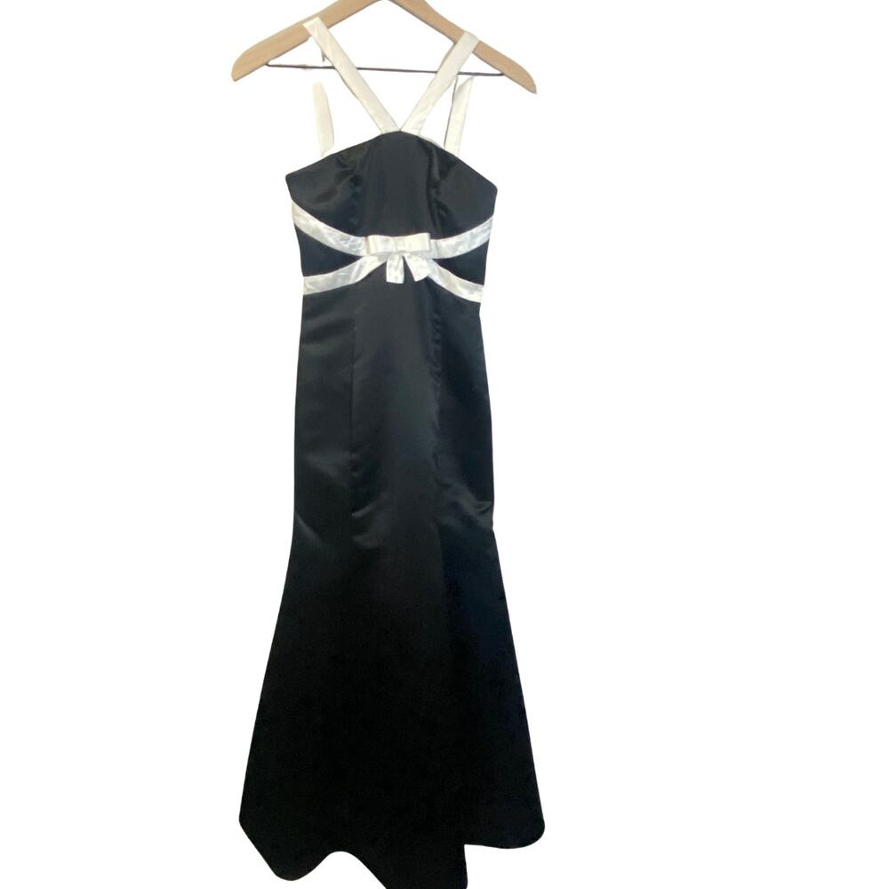 Jessica McClintock Gunne Sax VTG Formal Black Satin Dress White Bow & Straps 3/4
